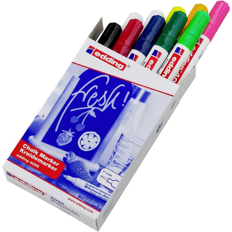 edding 4095 chalk marker - multi-coloured - 10 chalk pens - round nib 2-3 mm - medium-nib wet wipe pen for chalkboards, windows, glass, mirrors - liquid chalk marker pens for opaque coverage - Image 1